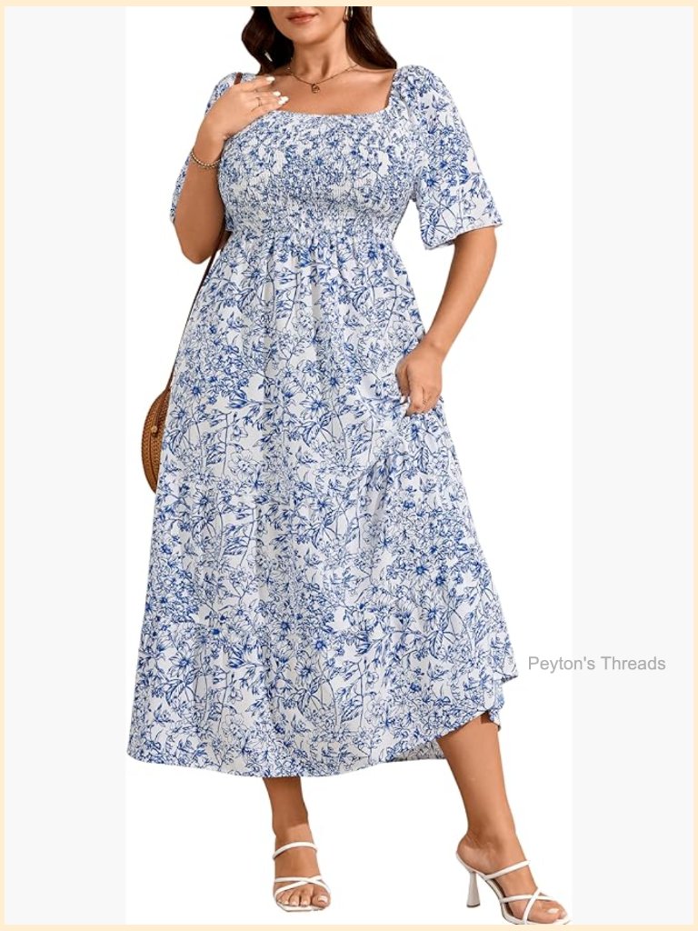 Plus Size Smocked Square Neck Short Sleeve Floral Boho Maxi Dress
